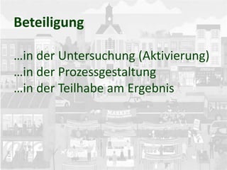 Beteiligung
…in der Untersuchung (Aktivierung)
…in der Prozessgestaltung
…in der Teilhabe am Ergebnis
 