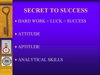 SECRET TO SUCCESS
♦ HARD WORK + LUCK = SUCCESS
♦ ATTITUDE
♦ APTITUDE
♦ ANALYTICAL SKILLS
SINCE 1881
 
