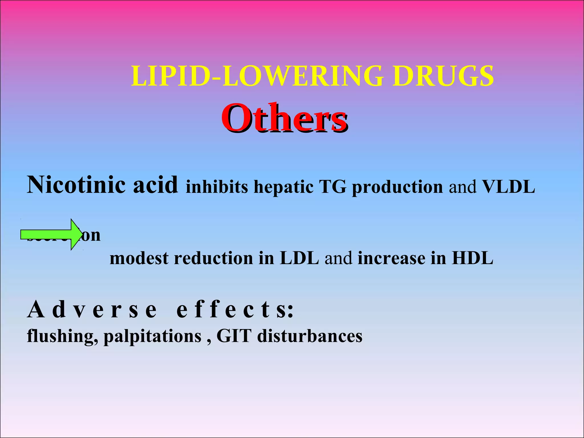LIPID-LOWERING DRUGS
OthersOthers
Nicotinic acid inhibits hepatic TG production and VLDL
secretion
modest reduction in LDL and increase in HDL
A d v e r s e e f f e c t s:
flushing, palpitations , GIT disturbances
 