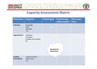 Capacity Assessment Matrix
Dimensions Categories
Individual

Desired state
(after project)

-Knowledge
- Skills
- Attitudes
- Etc.

Organizational

Present state

- Mandates
- Processes
-Linkages and synergies
-etc

Baselines for
Monitoring

Enabling
Environment

- Legal framework
- Governance
- Etc.

How to get
there

 