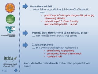 Hodnotiace kritériá
             ... súbor faktorov, podľa ktorých bude učiteľ hodnotiť.
                       Napr.
                        • použiť aspoň 5 rôznych zdrojov dát pri svojej
                           výskumnej aktivite
                        • vytvoriť aspoň 3 rôzne formáty
                           multimediálnych dát... a pod.


               Poznajú ţiaci tieto kritériá uţ na začiatku práce?
               ... Inak nemôžu monitorovať svoj postup


               Ţiaci sami plánujú
               ... ak v dvojiciach/skupinách rozhodujú o
                          • delení úlohy na podúlohy
                          • postupnosti krokov a termínoch
                          • rozdelení rolí

        Mieru vlastného rozhodovania treba citlivo prispôsobiť veku
        žiakov
14/33
 