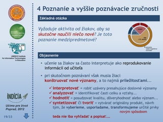 4 Poznanie a vyššie poznávacie zručnosti
        Základná otázka


        Vyžaduje aktivita od žiakov, aby sa
        skutočne naučili niečo nové? Je toto
        poznanie medzipredmetové?


        Objasnenie

         • učenie sa žiakov sa často interpretuje ako reprodukovanie
           informácií od učiteľa
         • pri skutočnom poznávaní však musia žiaci
           konštruovať nové významy, a to najmä príleţitosťami...
              interpretovať = robiť uzávery presahujúce doslovné významy
              analyzovať = identifikovať časti celku a vzťahy...
              hodnotiť = posudzovať kvalitu, dôveryhodnosť alebo význam...
              syntetizovať či tvoriť = vytvárať originálny produkt, návrh
               tým, že vyberieme, usporiadame, transformujeme určité prvky
                                                    novým spôsobom
19/33          teda nie iba vyhľadať a popísať...
 