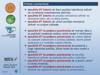 Príklady a protipríklady

           (pouţitie DT ţiakmi) ak ţiaci pouţijú tabuľkový softvér
           na vyriešenie matematickej aktivity;
           (pouţitie DT ţiakmi) ak pouţijú simulačný softvér na
           skúmanie toho, ako sa delia bunky;
           (pouţitie DT ţiakmi) ak učiteľ pouţije simulačný
           softvér vo svojom výklade;

           (pouţitie DT na podporu poznávania) ak merajú dáta a
           na počítači modelujú moţný vzťah medzi 2 veličinami;
           (pouţitie DT na podporu poznávania) ak urobia digitál-
           ny záznam rozhovorov o určitej udalosti, ktoré potom
           analyzujú a o výsledku napíšu článok;
           (pouţitie DT na podporu poznávania) ak postavia z
           Lega robotické autíčko, ktoré nesie do nory svetlo a
           kameru;
           (pouţitie DT na podporu poznávania) ak pouţijú
           tabuľkový softvér na jednoduché súčty v tabuľke;
           (pouţitie DT na podporu poznávania) ak si pozrú „kino“
           o vzniku hviezdy;
           (pouţitie DT na podporu poznávania) ak pouţijú
           počítač na napísanie eseje alebo na prezentáciu...
24/33
 