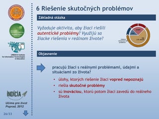 6 Riešenie skutočných problémov
        Základná otázka


        Vyžaduje aktivita, aby žiaci riešili
        autentické problémy? Využijú sa
        žiacke riešenia v reálnom živote?


        Objasnenie


               pracujú ţiaci s reálnymi problémami, údajmi a
               situáciami zo ţivota?
                • úlohy, ktorých riešenie žiaci vopred nepoznajú
                • riešia skutočné problémy
                • sú inováciou, ktorú potom žiaci zavedú do reálneho
                  života



26/33
 
