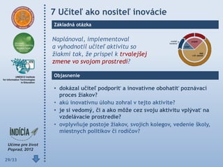 7 Učiteľ ako nositeľ inovácie
        Základná otázka


        Naplánoval, implementoval
        a vyhodnotil učiteľ aktivitu so
        žiakmi tak, že prispel k trvalejšej
        zmene vo svojom prostredí?

        Objasnenie

        • dokázal učiteľ podporiť a inovatívne obohatiť poznávací
          proces ţiakov?
        • akú inovatívnu úlohu zohral v tejto aktivite?
        • je si vedomý, či a ako môţe cez svoju aktivitu vplývať na
          vzdelávacie prostredie?
        • ovplyvňuje postoje ţiakov, svojich kolegov, vedenie školy,
          miestnych politikov či rodičov?




29/33
 