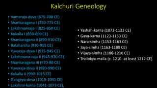 Kalchuri Geneology
• Vamaraja-deva (675-700 CE)
• Shankaragana I (750-775 CE)
• Lakshmanraja I (825-850 CE)
• Kokalla I (850-890 CE)
• Shankaragana II (890-910 CE)
• Balaharsha (910-915 CE)
• Yuvaraja-deva I (915-945 CE)
• Lakshmana-raja II (945-970 CE)
• Shankaragana III (970-80 CE)
• Yuvaraja-deva II (980-990 CE)
• Kokalla II (990-1015 CE)
• Gangeya-deva (1015-1041 CE)
• Lakshmi-karna (1041-1073 CE),
• Yashah-karna (1073-1123 CE)
• Gaya-karna (1123-1153 CE)
• Nara-simha (1153-1163 CE)
• Jaya-simha (1163-1188 CE)
• Vijaya-simha (1188-1210 CE)
• Trailokya-malla (c. 1210- at least 1212 CE)
 