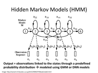 Hidden+Markov+Models+(HMM)+
Output2=2observa:ons2linked2to2the2states2through2a2predeﬁned2
probability2distribu:on2!2modeled2using2GMM2or2DNN2models2
Image:+hHp://izanami.tl.fukuoka&u.ac.jp/SLPL/HMM/HTKBook/node5.html+
 
