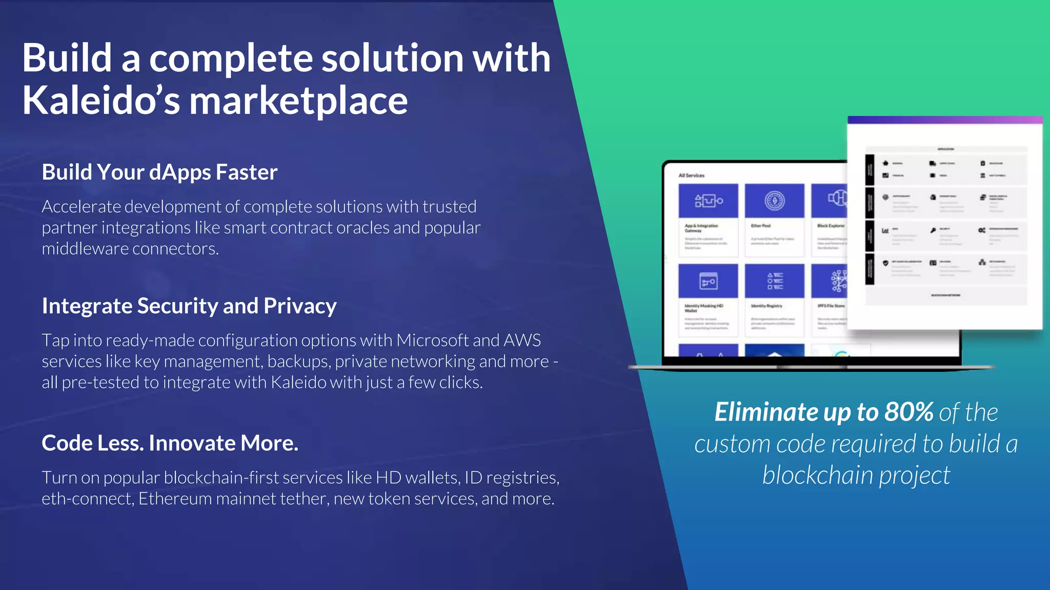 Eliminate up to 80% of the
custom code required to build a
blockchain project
Build a complete solution with
Kaleido’s marketplace
Integrate Security and Privacy
Tap into ready-made configuration options with Microsoft and AWS
services like key management, backups, private networking and more -
all pre-tested to integrate with Kaleido with just a few clicks.
Code Less. Innovate More.
Turn on popular blockchain-first services like HD wallets, ID registries,
eth-connect, Ethereum mainnet tether, new token services, and more.
Build Your dApps Faster
Accelerate development of complete solutions with trusted
partner integrations like smart contract oracles and popular
middleware connectors.
 