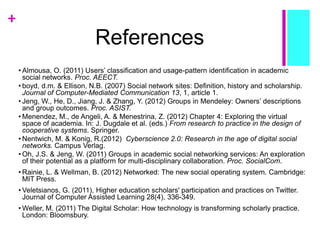 +
References
• Almousa, O. (2011) Users’ classification and usage-pattern identification in academic
social networks. Proc. AEECT.
• boyd, d.m. & Ellison, N.B. (2007) Social network sites: Definition, history and scholarship.
Journal of Computer-Mediated Communication 13, 1, article 1.
• Jeng, W., He, D., Jiang, J. & Zhang, Y. (2012) Groups in Mendeley: Owners’ descriptions
and group outcomes. Proc. ASIST.
• Menendez, M., de Angeli, A. & Menestrina, Z. (2012) Chapter 4: Exploring the virtual
space of academia. In: J. Dugdale et al. (eds.) From research to practice in the design of
cooperative systems. Springer.
• Nentwich, M. & Konig, R.(2012) Cyberscience 2.0: Research in the age of digital social
networks. Campus Verlag.
• Oh, J.S. & Jeng, W. (2011) Groups in academic social networking services: An exploration
of their potential as a platform for multi-disciplinary collaboration. Proc. SocialCom.
• Rainie, L. & Wellman, B. (2012) Networked: The new social operating system. Cambridge:
MIT Press.
• Veletsianos, G. (2011), Higher education scholars' participation and practices on Twitter.
Journal of Computer Assisted Learning 28(4), 336-349.
• Weller, M. (2011) The Digital Scholar: How technology is transforming scholarly practice.
London: Bloomsbury.
 