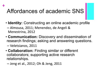 +
Affordances of academic SNS
• Identity: Constructing an online academic profile
– Almousa, 2011; Menendez, de Angeli &
Menestrina, 2012
• Communication: Discovery and dissemination of
research findings; asking and answering questions.
– Veletsianos, 2011
• Collaboration: Finding similar or different
collaborators; supporting active research
relationships.
– Jeng et al., 2012; Oh & Jeng, 2011
 