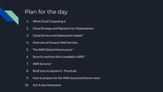 Plan for the day
1. What Cloud Computing is
2. Cloud Strategy and Migration for Organisations
3. Cloud Service and Deployment models *
4. Overview of Amazon Web Services
5. The AWS Global Infrastructure *
6. Security and how this is handled in AWS *
7. AWS Services *
8. Brief intro to Session 2 - Practicals
9. How to prepare for the AWS cloud practitioner exam
10. Q & A plus Homework
 