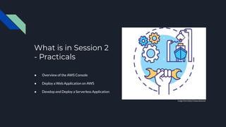 What is in Session 2
- Practicals
Image from https://www.alamy.es/
● Overview of the AWS Console
● Deploy a Web Application on AWS
● Develop and Deploy a Serverless Application
 