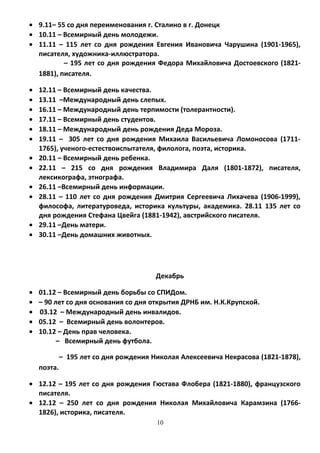 • 9.11– 55 со дня переименования г. Сталино в г. Донецк
• 10.11 – Всемирный день молодежи.
• 11.11 – 115 лет со дня рождения Евгения Ивановича Чарушина (1901-1965),
писателя, художника-иллюстратора.
– 195 лет со дня рождения Федора Михайловича Достоевского (1821-
1881), писателя.
• 12.11 – Всемирный день качества.
• 13.11 –Международный день слепых.
• 16.11 – Международный день терпимости (толерантности).
• 17.11 – Всемирный день студентов.
• 18.11 – Международный день рождения Деда Мороза.
• 19.11 – 305 лет со дня рождения Михаила Васильевича Ломоносова (1711-
1765), ученого-естествоиспытателя, филолога, поэта, историка.
• 20.11 – Всемирный день ребенка.
• 22.11 – 215 со дня рождения Владимира Даля (1801-1872), писателя,
лексикографа, этнографа.
• 26.11 –Всемирный день информации.
• 28.11 – 110 лет со дня рождения Дмитрия Сергеевича Лихачева (1906-1999),
философа, литературоведа, историка культуры, академика. 28.11 135 лет со
дня рождения Стефана Цвейга (1881-1942), австрийского писателя.
• 29.11 –День матери.
• 30.11 –День домашних животных.
Декабрь
• 01.12 – Всемирный день борьбы со СПИДом.
• – 90 лет со дня основания со дня открытия ДРНБ им. Н.К.Крупской.
• 03.12 – Международный день инвалидов.
• 05.12 – Всемирный день волонтеров.
• 10.12 – День прав человека.
– Всемирный день футбола.
– 195 лет со дня рождения Николая Алексеевича Некрасова (1821-1878),
поэта.
• 12.12 – 195 лет со дня рождения Гюстава Флобера (1821-1880), французского
писателя.
• 12.12 – 250 лет со дня рождения Николая Михайловича Карамзина (1766-
1826), историка, писателя.
10
 