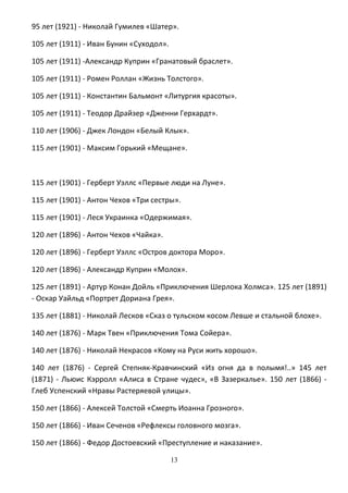 95 лет (1921) - Николай Гумилев «Шатер».
105 лет (1911) - Иван Бунин «Суходол».
105 лет (1911) -Александр Куприн «Гранатовый браслет».
105 лет (1911) - Ромен Роллан «Жизнь Толстого».
105 лет (1911) - Константин Бальмонт «Литургия красоты».
105 лет (1911) - Теодор Драйзер «Дженни Герхардт».
110 лет (1906) - Джек Лондон «Белый Клык».
115 лет (1901) - Максим Горький «Мещане».
115 лет (1901) - Герберт Уэллс «Первые люди на Луне».
115 лет (1901) - Антон Чехов «Три сестры».
115 лет (1901) - Леся Украинка «Одержимая».
120 лет (1896) - Антон Чехов «Чайка».
120 лет (1896) - Герберт Уэллс «Остров доктора Моро».
120 лет (1896) - Александр Куприн «Молох».
125 лет (1891) - Артур Конан Дойль «Приключения Шерлока Холмса». 125 лет (1891)
- Оскар Уайльд «Портрет Дориана Грея».
135 лет (1881) - Николай Лесков «Сказ о тульском косом Левше и стальной блохе».
140 лет (1876) - Марк Твен «Приключения Тома Сойера».
140 лет (1876) - Николай Некрасов «Кому на Руси жить хорошо».
140 лет (1876) - Сергей Степняк-Кравчинский «Из огня да в полымя!..» 145 лет
(1871) - Льюис Кэрролл «Алиса в Стране чудес», «В Зазеркалье». 150 лет (1866) -
Глеб Успенский «Нравы Растеряевой улицы».
150 лет (1866) - Алексей Толстой «Смерть Иоанна Грозного».
150 лет (1866) - Иван Сеченов «Рефлексы головного мозга».
150 лет (1866) - Федор Достоевский «Преступление и наказание».
13
 