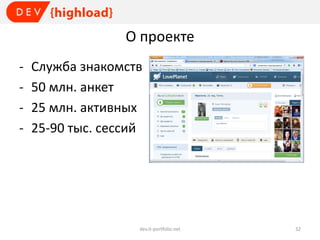 О проекте
-

Служба знакомств
50 млн. анкет
25 млн. активных
25-90 тыс. сессий

dev.it-portfolio.net

32

 