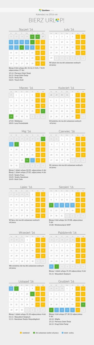 Kalendarz dni wolnych na 2016 rok