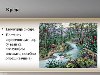Креда
• Еволуција сисара.
• Постанак
скривеносеменица
(у вези са
еволуцијом
инсеката, посебно
опрашивачима).
 
