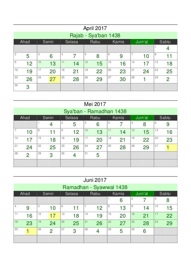 Kalender Islam Global Tahun 2017 M