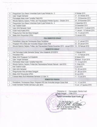 8 Okto 2015| 5 | PengukuhanGuruSesarUniversitzSyiahKualaPeriodsKe-3
7 PembatalanMataKuliahTerdaftarPadsKR7 - 18November2015
8 WsudaDiploma,Sedans,Profesi,danPascasarianaPeriodsAgustu 265lobar2015 24- 26
I| 9 | PengukuhanGuruSesarUniversitasSyiahKualaPeriodsKe-4
23Desember201
28Des2015-anuari 2016| 11 | UjimAkhir rGjH
11JanuaH- 10FebmaH2016 1
| 14- 15JanuaH2016
I 19Janu 2016
I I
| 2 | Peng`IsianKRSOnlinedanKonsultasiDenganDosenWaR
3 | WisudaDiplomaSariana,Profesi,danPascasarianaPeriodsNovember2015-Januari2016| 16- 18Februsn.2016
1Februari2016 |
11-12Februa016
1 | NariPermulaanKuliahSemesterGenapTshunAkademik2015/2016
25Ma 2016
, 4 | UjianTengahSemester_______________
5 PembatalanMataKBahTerdaftarPadsKRS 11- 12Andi2016
| 6 | WisudaDiploma,Ssriana,ProfesidanPascasarianaPeriodsPebruari- April2016 3- 5Mei2016
| 7 | H Tehir Kuliah 3Juni2016
13- 24Juni 16
27- 28Juni2016
10 | AkhirPenyean DPNA 30Juni2016
11- 13Juli 16
____________________
MEER ND
| 1 | PendaRaran,PembayaranSlays,PengisianKRSdanKonsultasidenganDosenWall | 11- 12Juli2016
| 13Juli-27Agus 2016_
_ Ditetapkandi : Darussalam,BandsAceh
,,- ta,..,".-' a Ilggal :ei 2015
~~',,""RI'` niuamlz!! 9 92 o h Kn o92 9 h
 