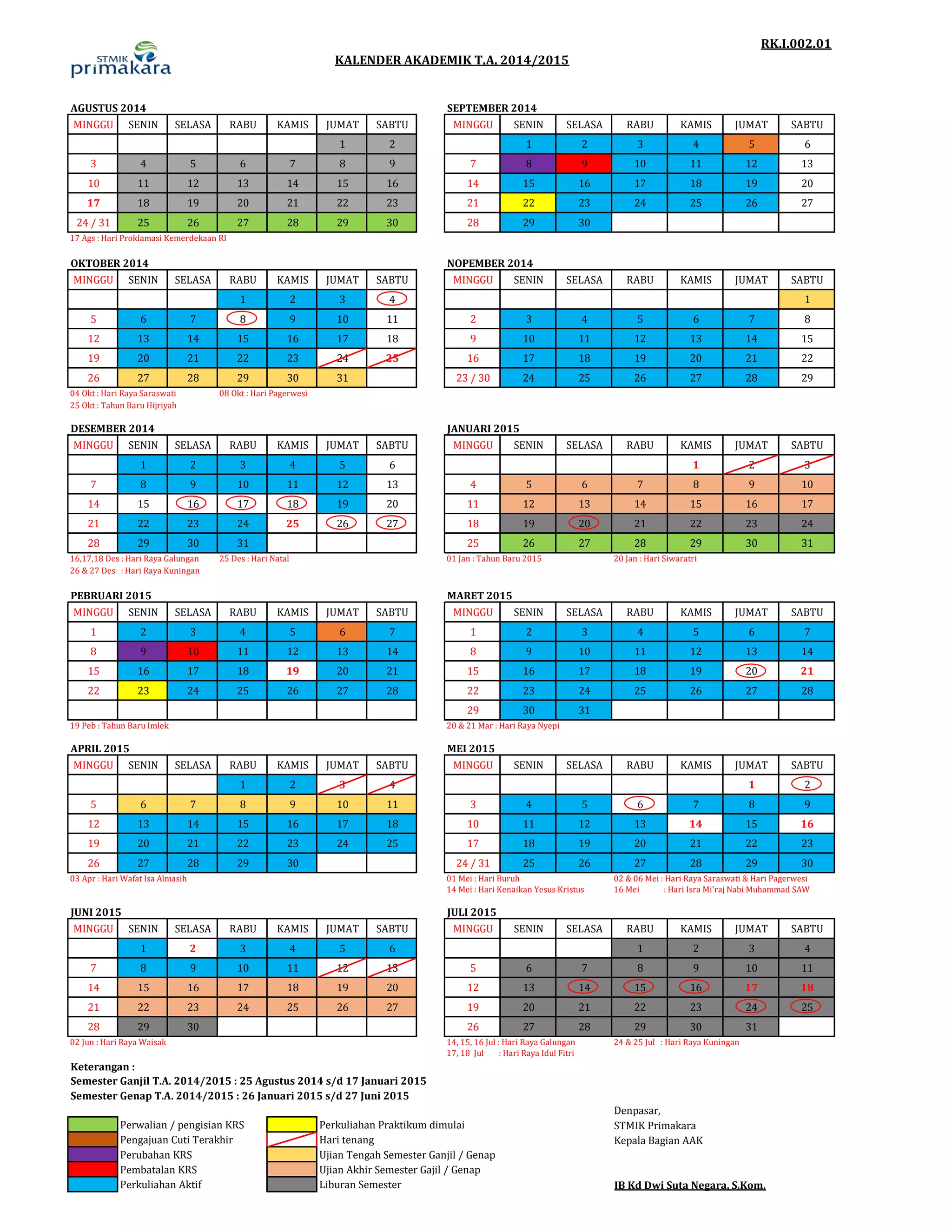20142015 Academic Calendar for STMIK Primakara PDF