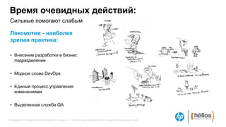 Время очевидных действий:
 Сильные помогают слабым

 Локомотив - наиболее
 зрелая практика:

 • Внесение разработки в бизнес
   подразделение

 • Модное слово DevOps

 • Единый процесс управления
   изменениями

 • Выделенная служба QA


© Copyright 2012 Hewlett-Packard Development Company, L.P. The information contained herein is subject to change without notice.
 