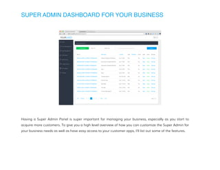 SUPER ADMIN DASHBOARD FOR YOUR BUSINESS
Having a Super Admin Panel is super important for managing your business, especially as you start to
acquire more customers. To give you a high level overview of how you can customize the Super Admin for
your business needs as well as have easy access to your customer apps, I’ll list out some of the features.
 