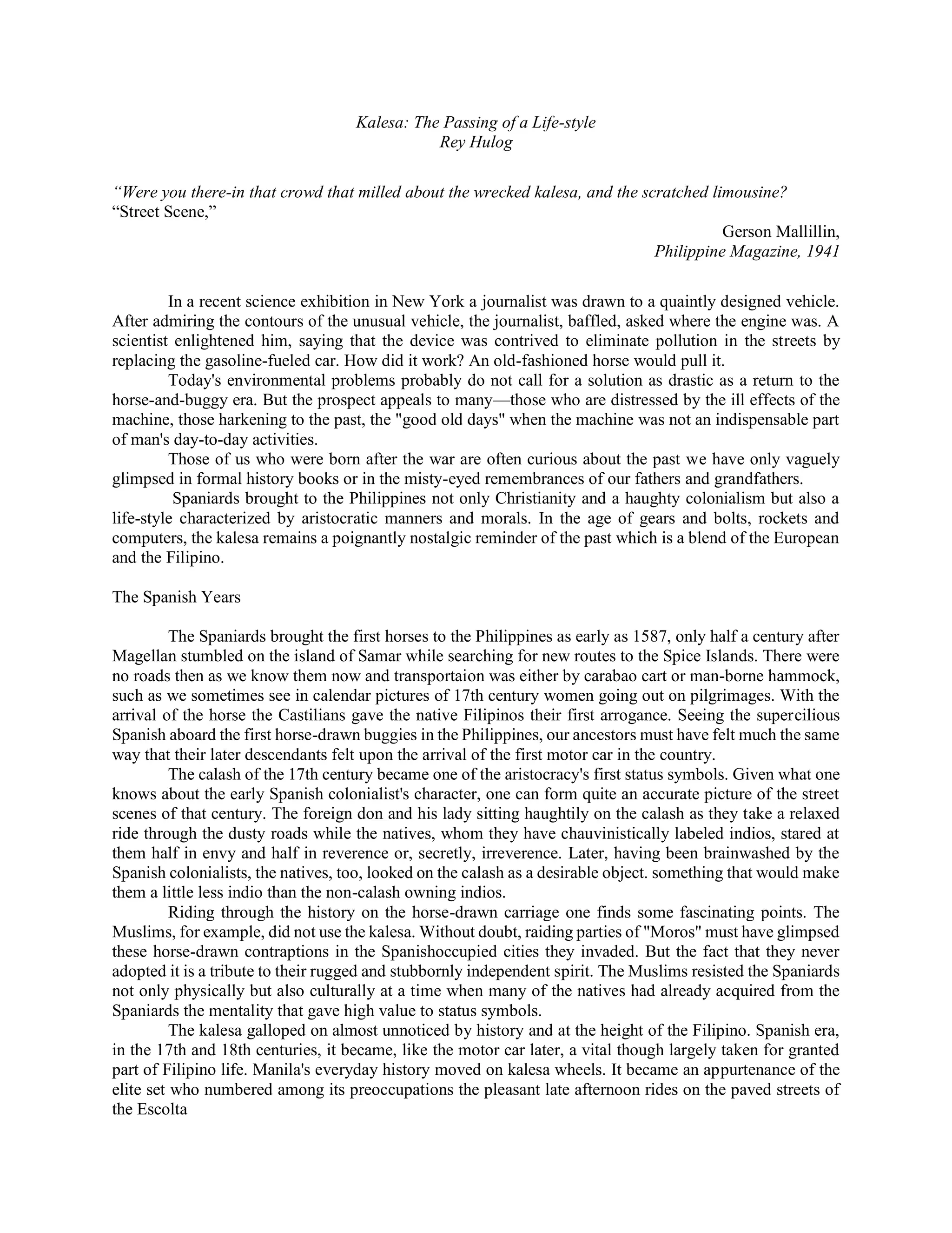 Kalesa: The Passing of a Lifestyle by Rey Hulog | PDF