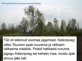 Foto:http://tootsipeenar.wordpress.com/author/vatablog/
Tüli oli tekkinud soomaa jagamisel. Kalevipoeg
ütles:”Suurem saab suurema ja väiksem
väiksema maatüki. Poisid hakkasid nuruma,
jagagu Kalevipoeg ise kaheks maa, muidu ajab
ahnus jälle tülli.
 