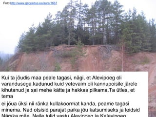 Foto:http://www.geopeitus.ee/aare/1667
Kui ta jõudis maa peale tagasi, nägi, et Alevipoeg oli
varandusega kadunud kuid vetevaim oli kannupoisile järele
kihutanud ja sai mehe kätte ja hakkas pilkama.Ta ütles, et
tema
ei jõua üksi nii ränka kullakoormat kanda, peame tagasi
minema. Nad otsisid parajat paika jõu katsumiseks ja leidsid
 