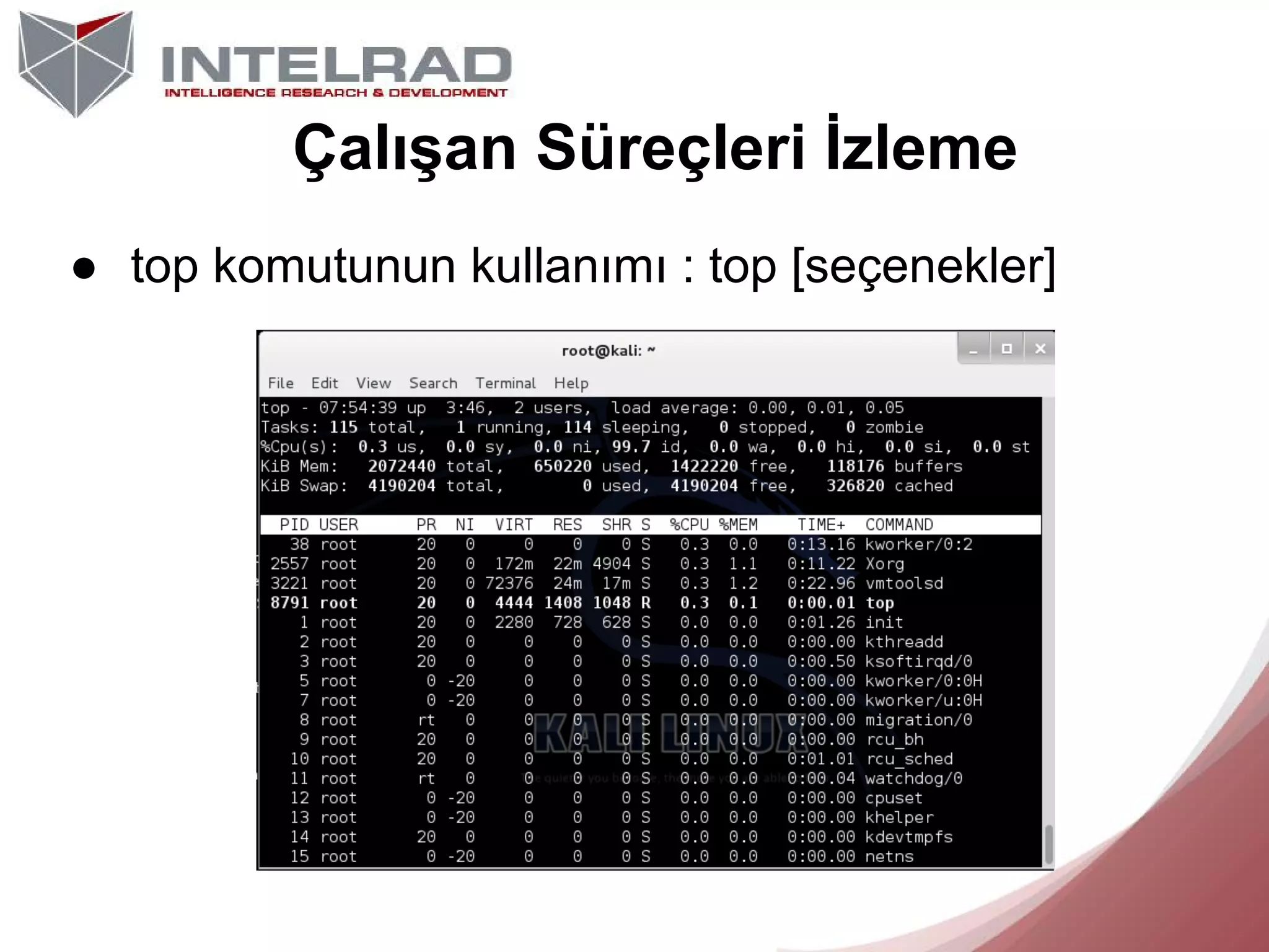 Çalışan Süreçleri İzleme
● top komutunun kullanımı : top [seçenekler]

 