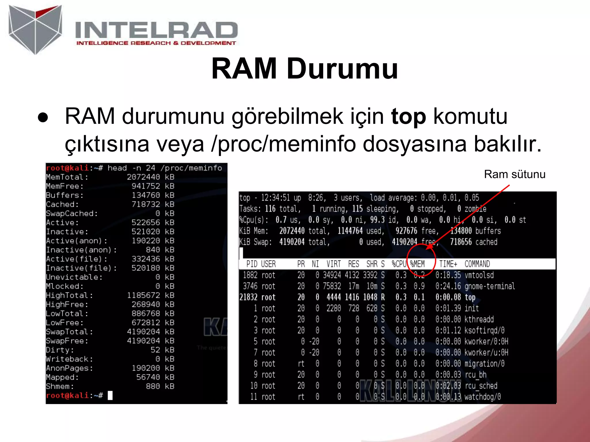 RAM Durumu
● RAM durumunu görebilmek için top komutu
çıktısına veya /proc/meminfo dosyasına bakılır.
Ram sütunu
bakılabilir.

 