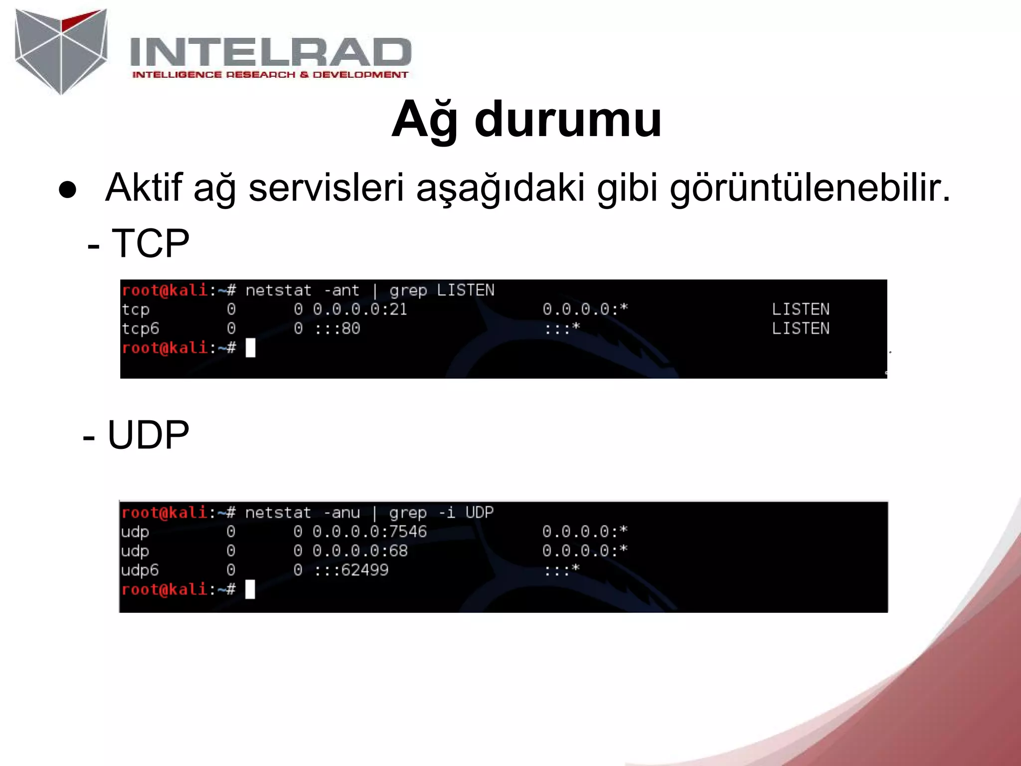 Ağ durumu
● Aktif ağ servisleri aşağıdaki gibi görüntülenebilir.
- TCP

- UDP

 