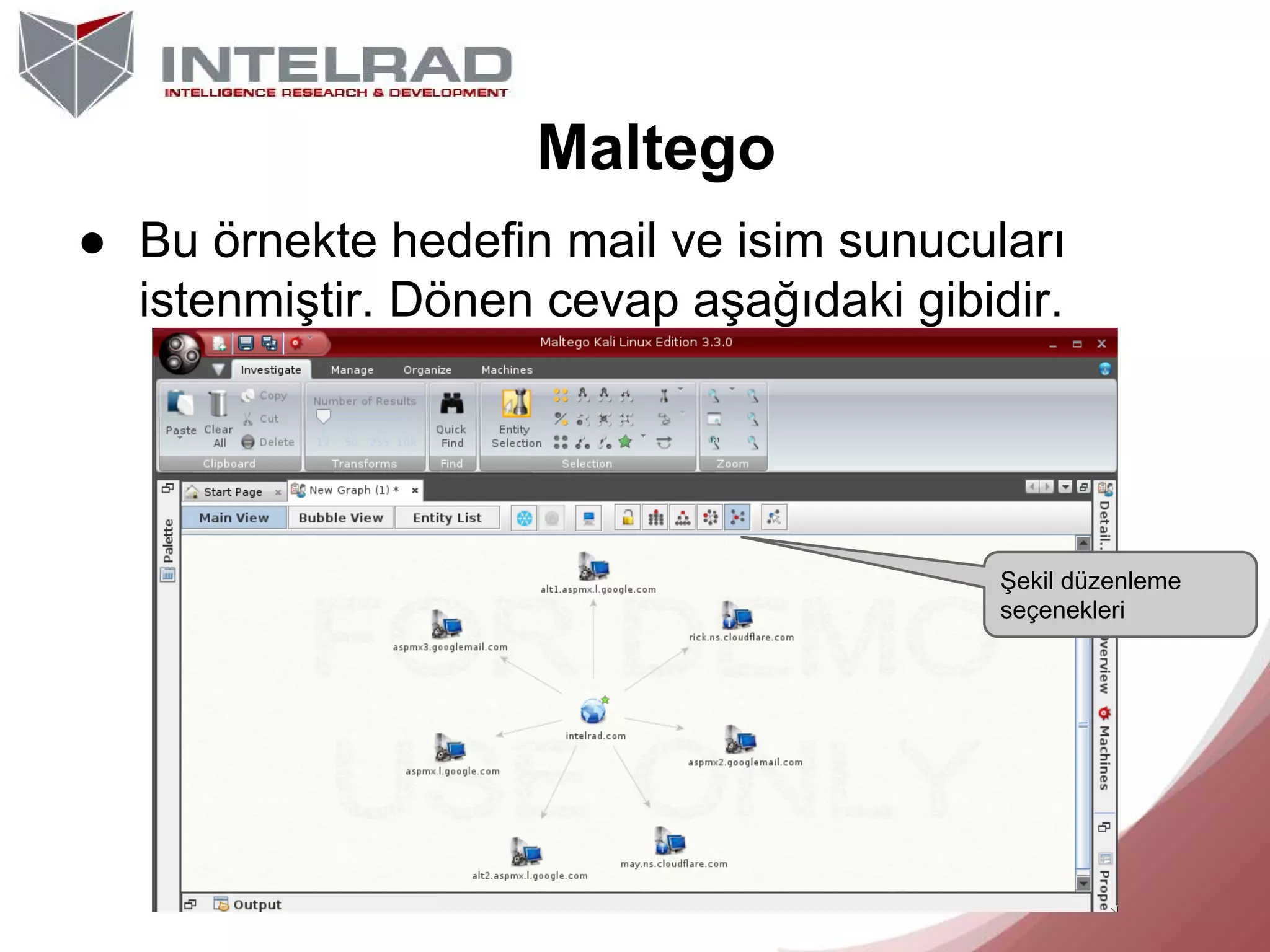 Maltego
● Bu örnekte hedefin mail ve isim sunucuları
istenmiştir. Dönen cevap aşağıdaki gibidir.

Şekil düzenleme
seçenekleri

 