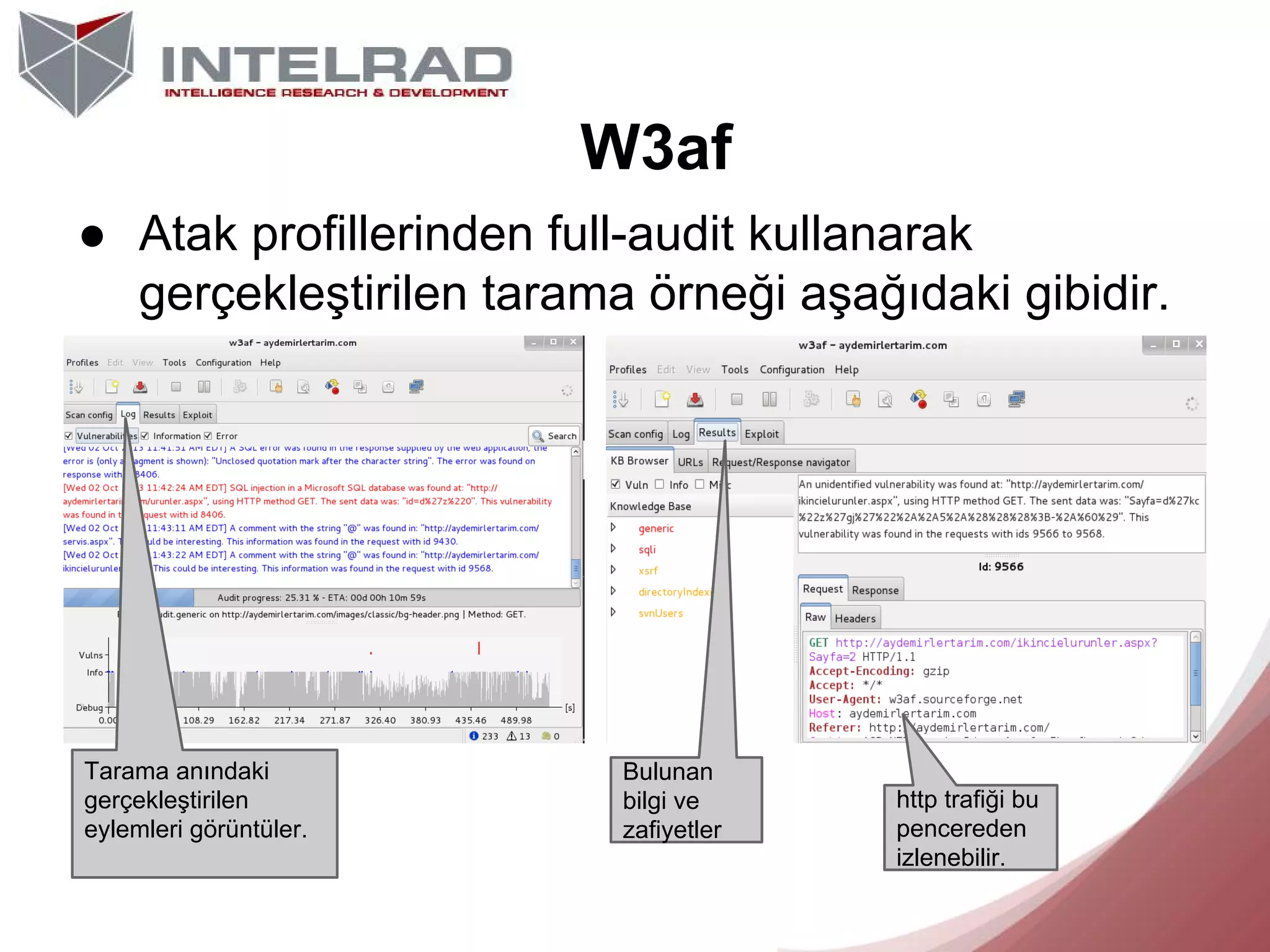 W3af
● Atak profillerinden full-audit kullanarak
gerçekleştirilen tarama örneği aşağıdaki gibidir.

Tarama anındaki
gerçekleştirilen
eylemleri görüntüler.

Bulunan
bilgi ve
zafiyetler

http trafiği bu
pencereden
izlenebilir.

 