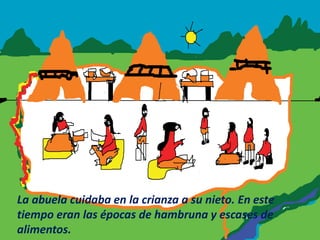 La abuela cuidaba en la crianza a su nieto. En este
tiempo eran las épocas de hambruna y escases de
alimentos.
 