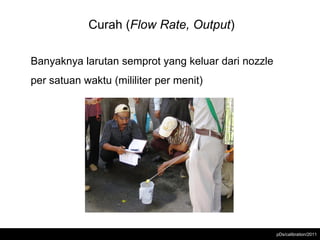 Curah (Flow Rate, Output)

Banyaknya larutan semprot yang keluar dari nozzle
per satuan waktu (mililiter per menit)




                                                    pDs/calibration/2011
 
