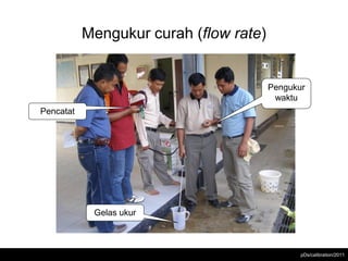 Mengukur curah (flow rate)


                                        Pengukur
                                         waktu
Pencatat




            Gelas ukur



                                               pDs/calibration/2011
 