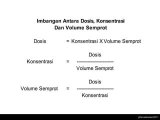 Imbangan Antara Dosis, Konsentrasi
            Dan Volume Semprot

    Dosis        = Konsentrasi X Volume Semprot

                             Dosis
  Konsentrasi    =   ------------------------
                     Volume Semprot

                             Dosis
Volume Semprot   =   ------------------------
                        Konsentrasi



                                                pDs/calibration/2011
 