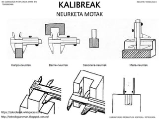 FABRIKATURIKO PRODUKTUEN KONTROLA: METROLOGIA
IES USANDIZAGA-PEÑAFLORIDA-AMARA BHI INDUSTRI TEKNOLOGIA I
http://teknologiaroman.blogspot.com.es/
https://teknolanak.wikispaces.com/
TEKNOROMAN
KALIBREAK
NEURKETA MOTAK
 