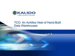 1 July 9, 2013© Kalido I Kalido Confidential I July 9, 2013
TCO: An Achilles Heel of Hand-Built
Data Warehouses
 