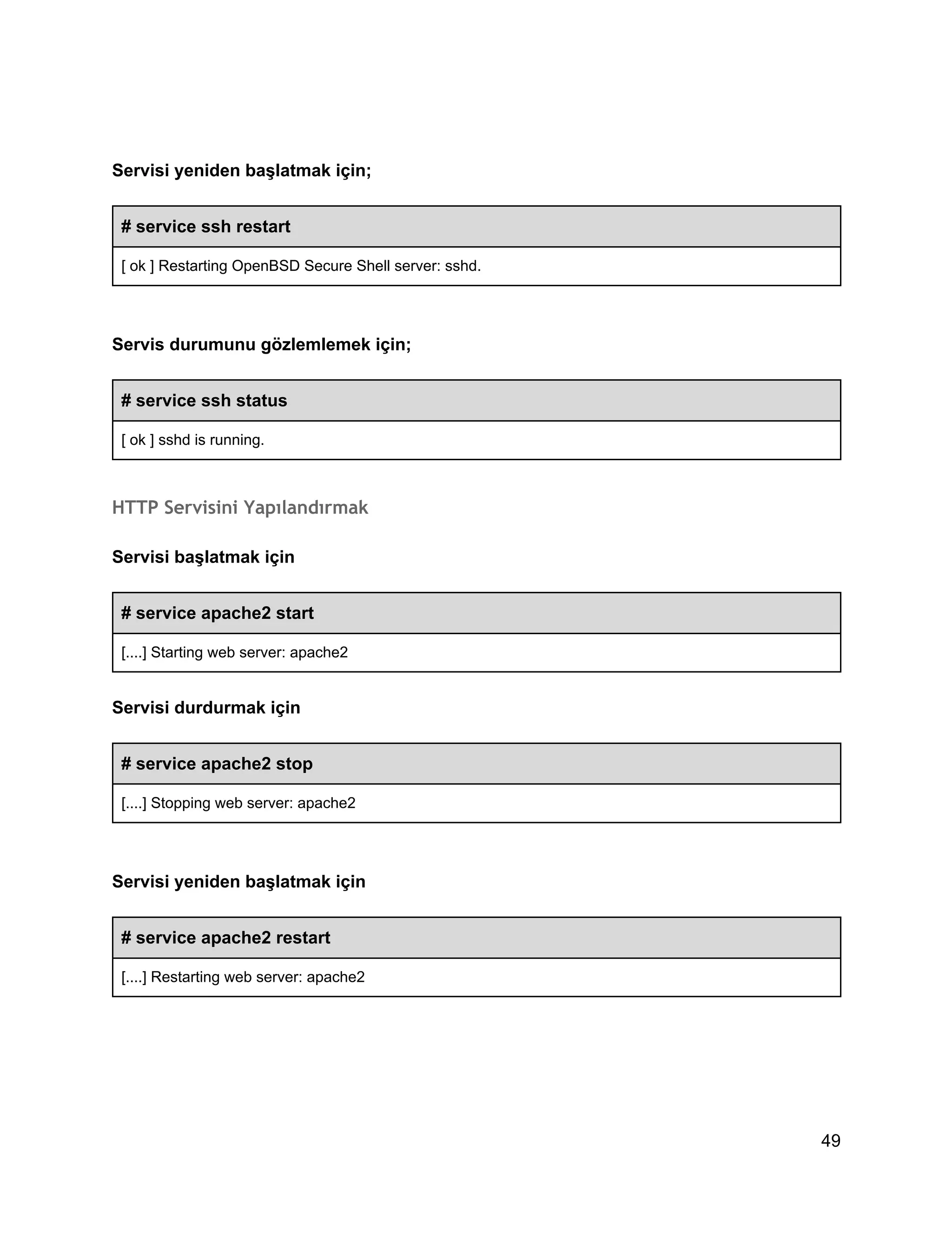 Servisi yeniden başlatmak için;
# service ssh restart
[ ok ] Restarting OpenBSD Secure Shell server: sshd.

Servis durumunu gözlemlemek için;
# service ssh status
[ ok ] sshd is running.

HTTP Servisini Yapılandırmak
Servisi başlatmak için
# service apache2 start
[....] Starting web server: apache2

Servisi durdurmak için
# service apache2 stop
[....] Stopping web server: apache2

Servisi yeniden başlatmak için
# service apache2 restart
[....] Restarting web server: apache2

49

 