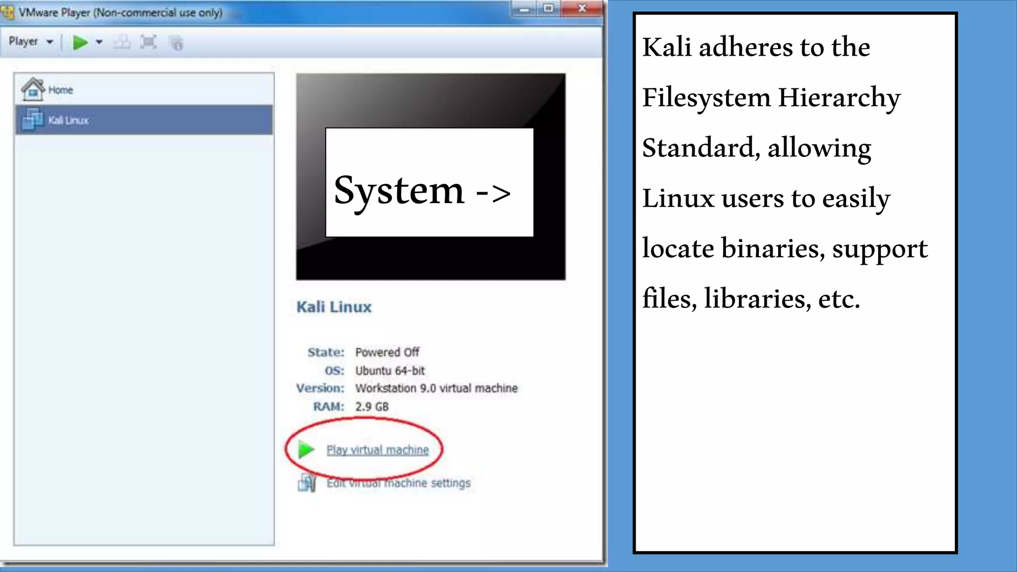 System->
Kaliadherestothe
FilesystemHierarchy
Standard,allowing
Linuxuserstoeasily
locatebinaries,support
files,libraries,etc.