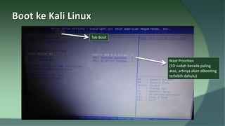 Tab Boot
Boot Priorities
(FD sudah berada paling
atas, artinya akan dibooting
terlebih dahulu)
 
