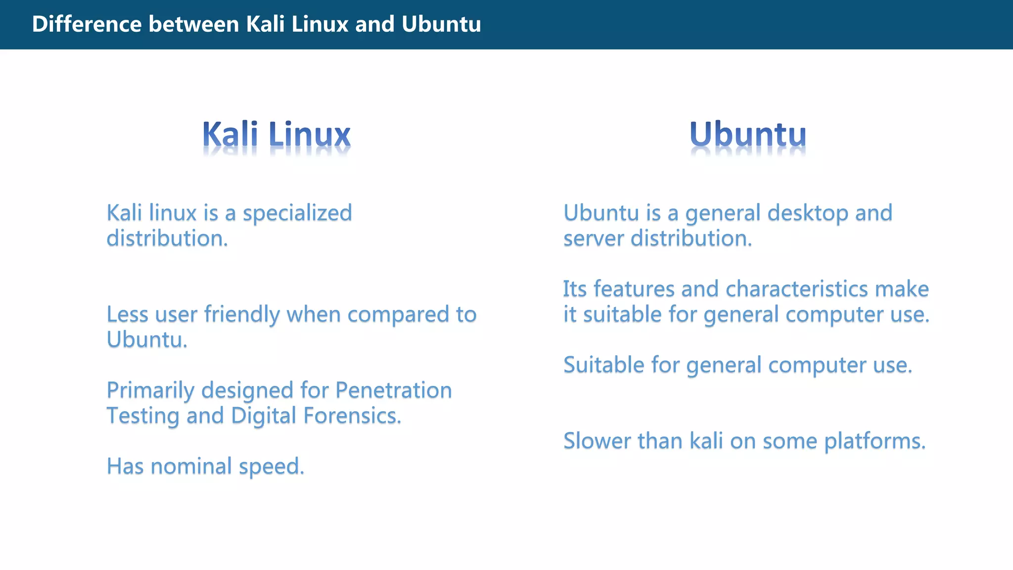 Difference between Kali Linux and Ubuntu
Ubuntu is a general desktop and
server distribution.
Its features and characteristics make
it suitable for general computer use.
Suitable for general computer use.
Slower than kali on some platforms.
Kali linux is a specialized
distribution.
Less user friendly when compared to
Ubuntu.
Primarily designed for Penetration
Testing and Digital Forensics.
Has nominal speed.
 