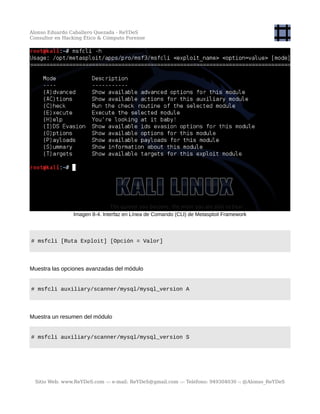 Alonso Eduardo Caballero Quezada - ReYDeS
Consultor en Hacking Ético & Cómputo Forense
Imagen 8-4. Interfaz en Línea de Comando (CLI) de Metasploit Framework
# msfcli [Ruta Exploit] [Opción = Valor]
Muestra las opciones avanzadas del módulo
# msfcli auxiliary/scanner/mysql/mysql_version A
Muestra un resumen del módulo
# msfcli auxiliary/scanner/mysql/mysql_version S
Sitio Web: www.ReYDeS.com -:- e-mail: ReYDeS@gmail.com -:- Teléfono: 949304030 -: @Alonso_ReYDeS
 