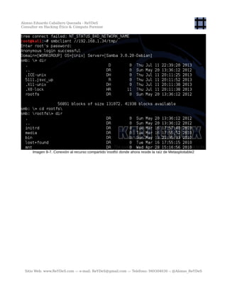 Alonso Eduardo Caballero Quezada - ReYDeS
Consultor en Hacking Ético & Cómputo Forense
Imagen 8-7. Conexión al recurso compartido rootfs donde ahora reside la raíz de Metasploitable2
Sitio Web: www.ReYDeS.com -:- e-mail: ReYDeS@gmail.com -:- Teléfono: 949304030 -: @Alonso_ReYDeS
 
