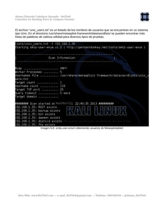 Alonso Eduardo Caballero Quezada - ReYDeS
Consultor en Hacking Ético & Cómputo Forense
El archivo “unix_users.txt” es un listado de los nombres de usuarios que se encuentran en un sistema
tipo Unix. En el directorio /usr/share/metasploit-framework/data/wordlists/ se pueden encontrar más
listas de palabras de valiosa utilidad para diversos tipos de pruebas.
Imagen 6-8. smtp-user-enum obteniendo usuarios de Metasploitable2
Sitio Web: www.ReYDeS.com -:- e-mail: ReYDeS@gmail.com -:- Teléfono: 949304030 -: @Alonso_ReYDeS
 
