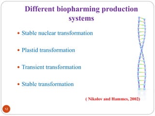 Different biopharming production 
systems 
12 
 Stable nuclear transformation 
 Plastid transformation 
 Transient transformation 
 Stable transformation 
( Nikolov and Hammes, 2002) 
 